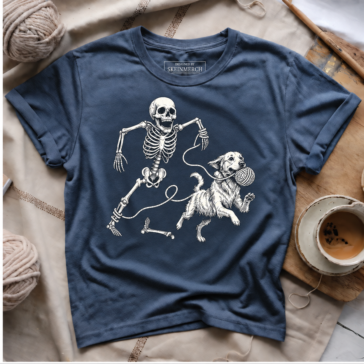 Skeleton Chasing Dog with Yarn T-Shirt