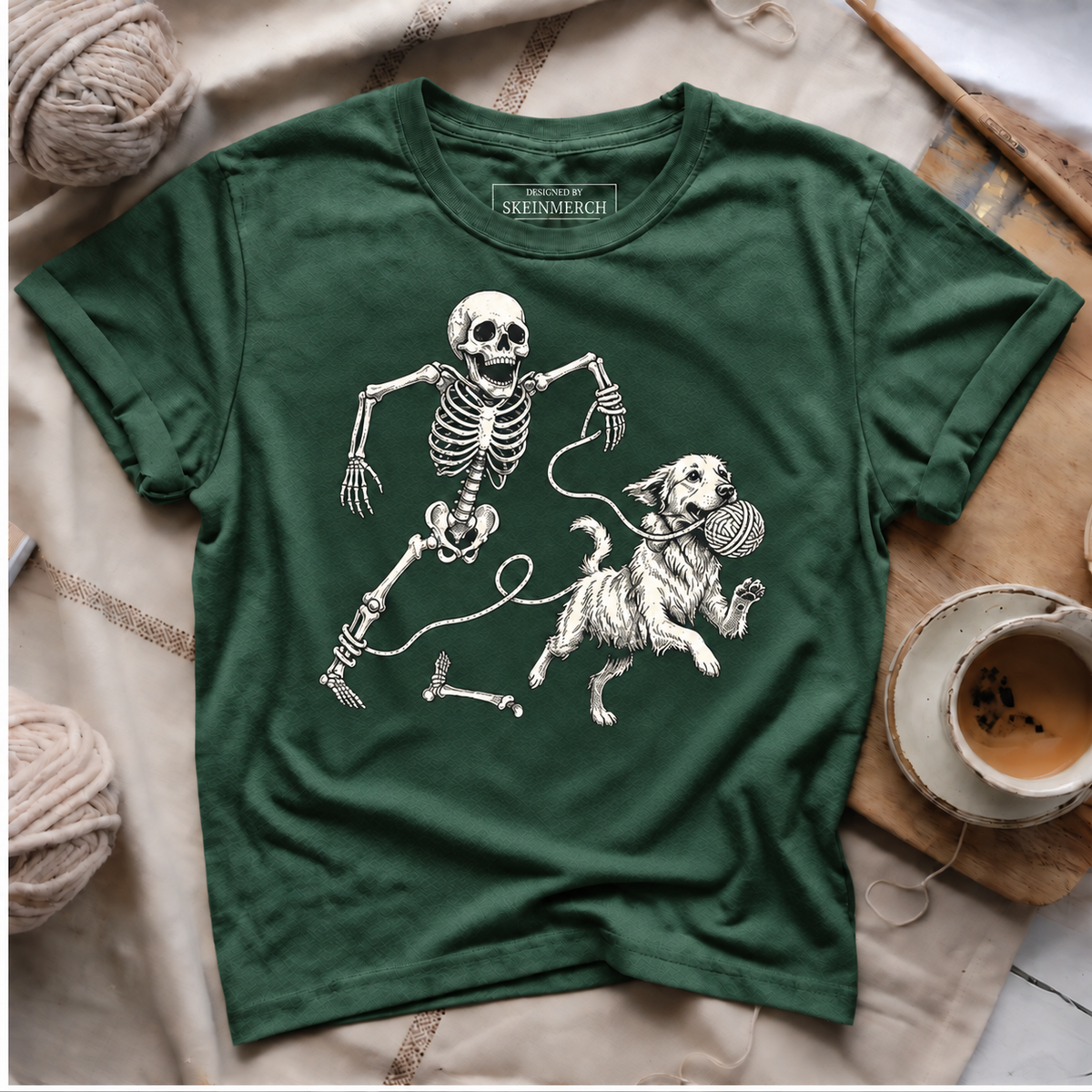 Skeleton Chasing Dog with Yarn T-Shirt