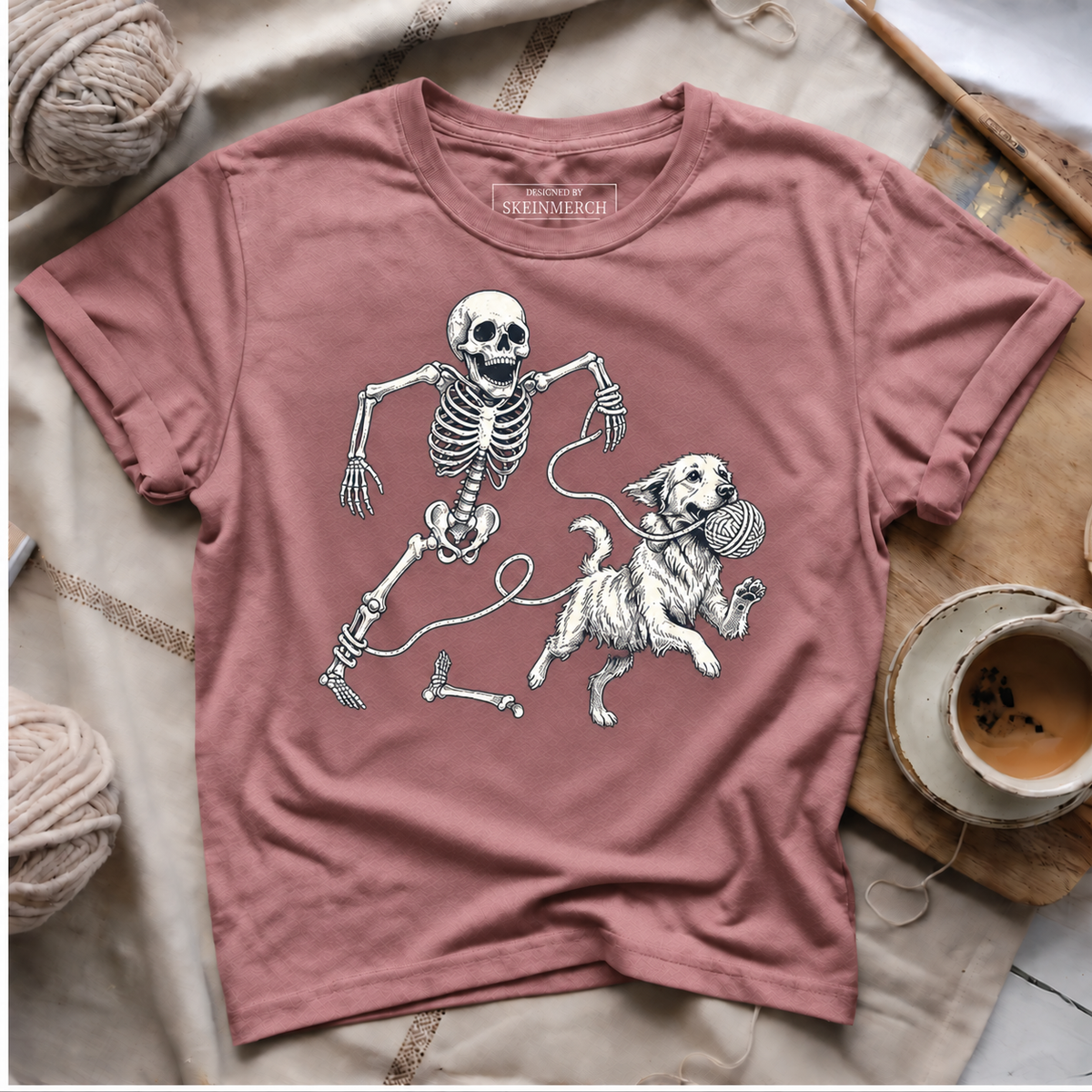 Skeleton Chasing Dog with Yarn T-Shirt