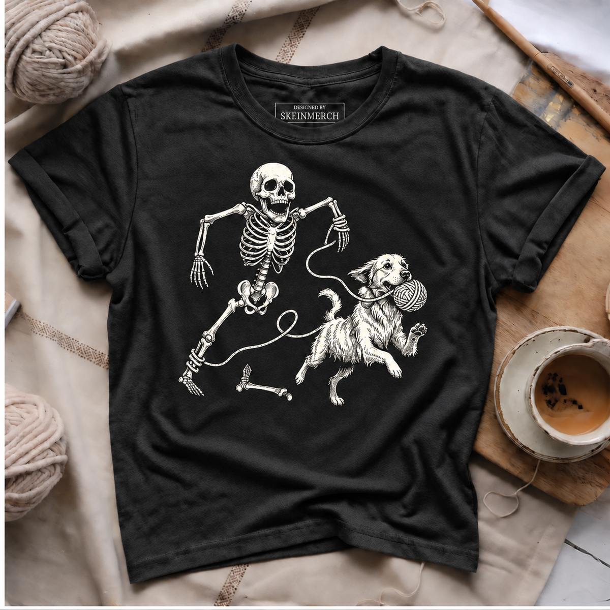 Skeleton Chasing Dog with Yarn T-Shirt