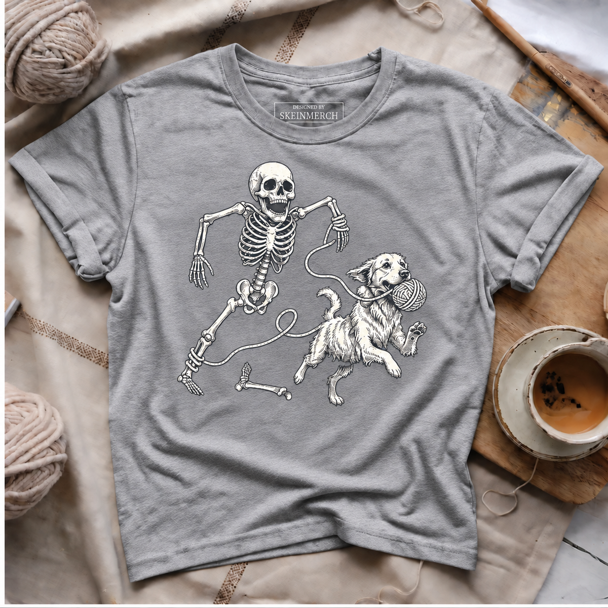 Skeleton Chasing Dog with Yarn T-Shirt