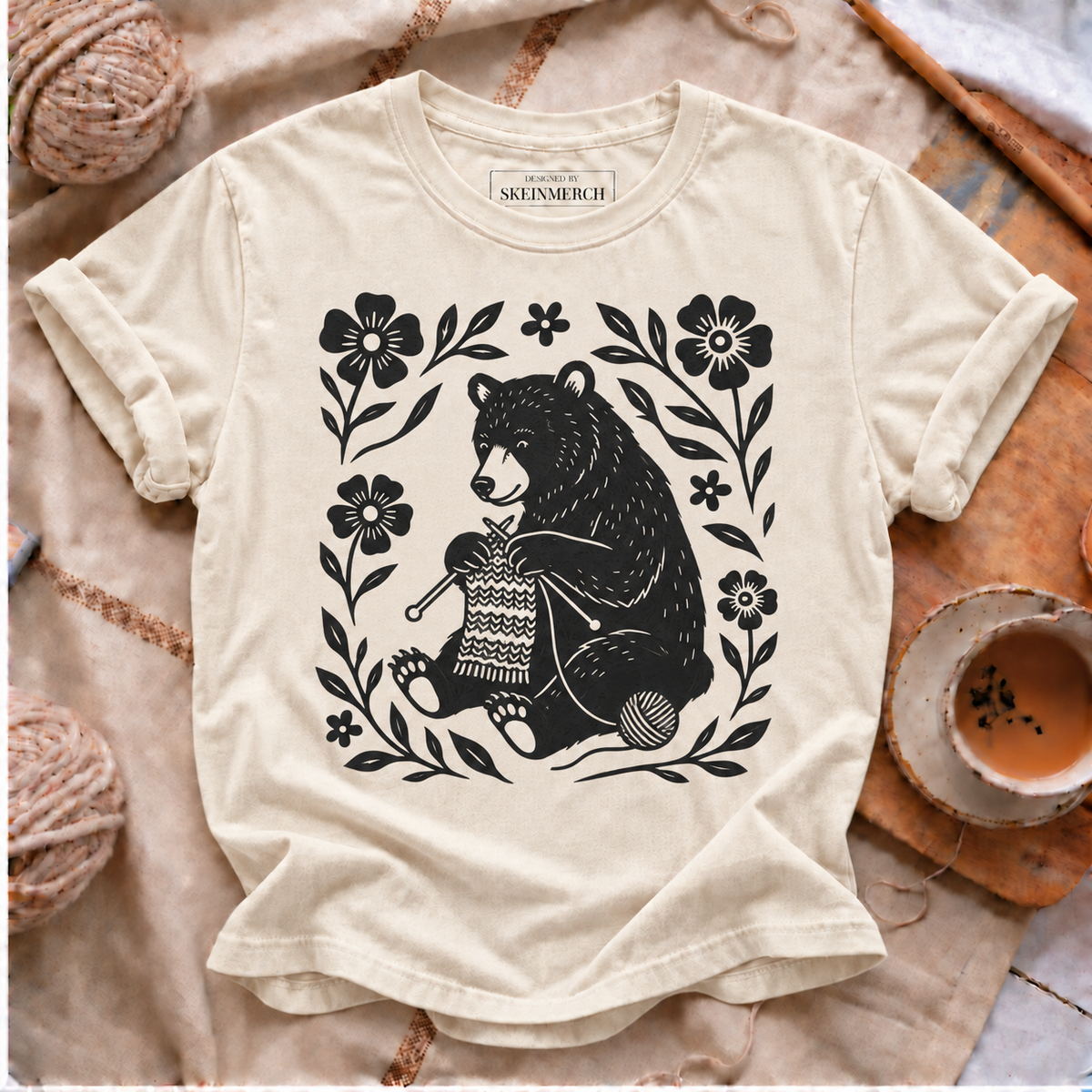 Bear knitting floral Comfort Colors T-shirt in Ivory
