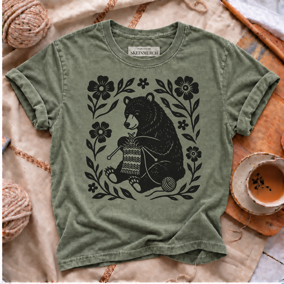 Bear knitting floral Comfort Colors T-shirt in Moss