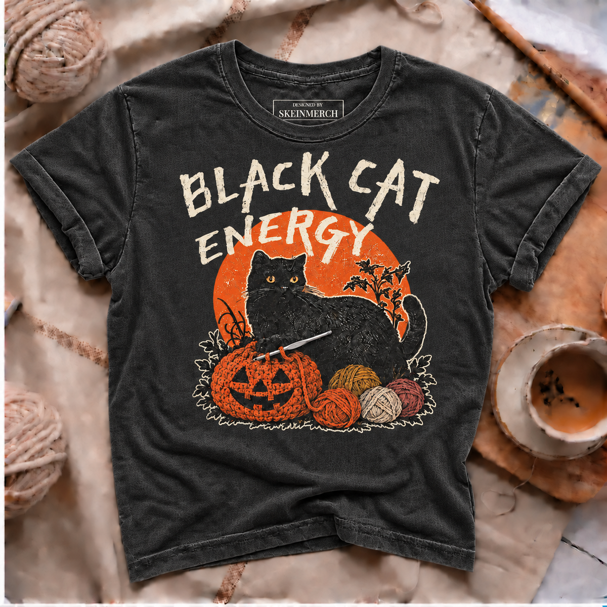 Black Cat Energy Halloween crochet T-shirt in Black