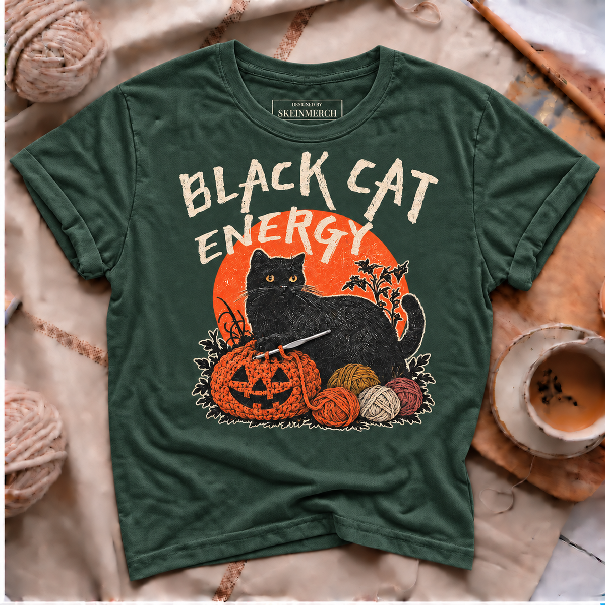 Black Cat Energy Halloween crochet T-shirt in Forest Green