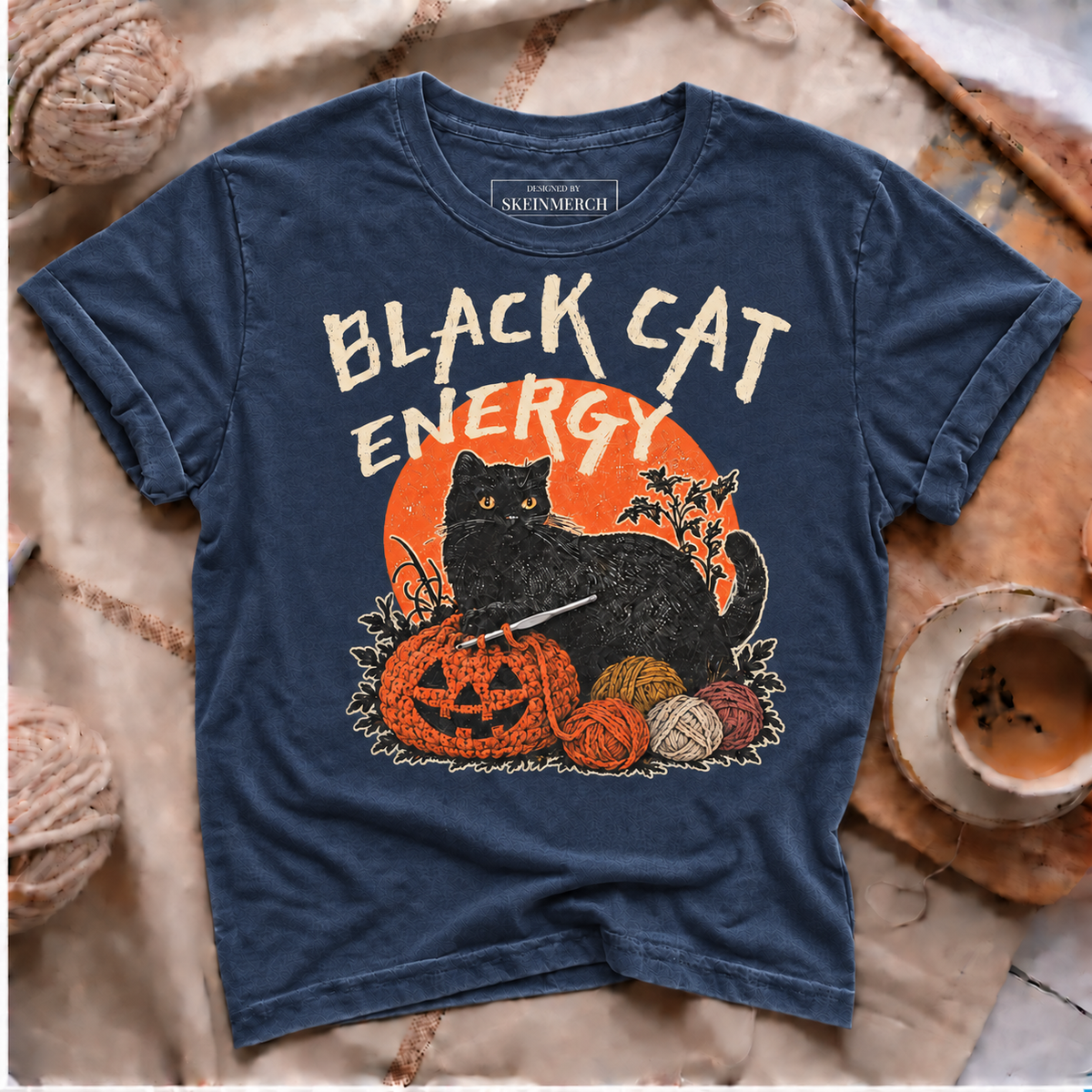 Black Cat Energy Halloween crochet T-shirt in Navy
