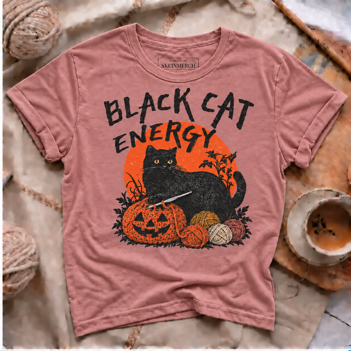 Black Cat Energy Halloween crochet T-shirt in Rose gold