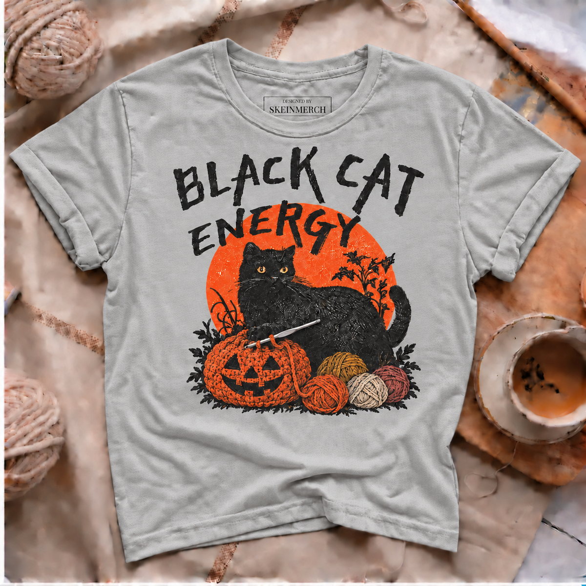 Black Cat Energy Halloween crochet T-shirt in Silver