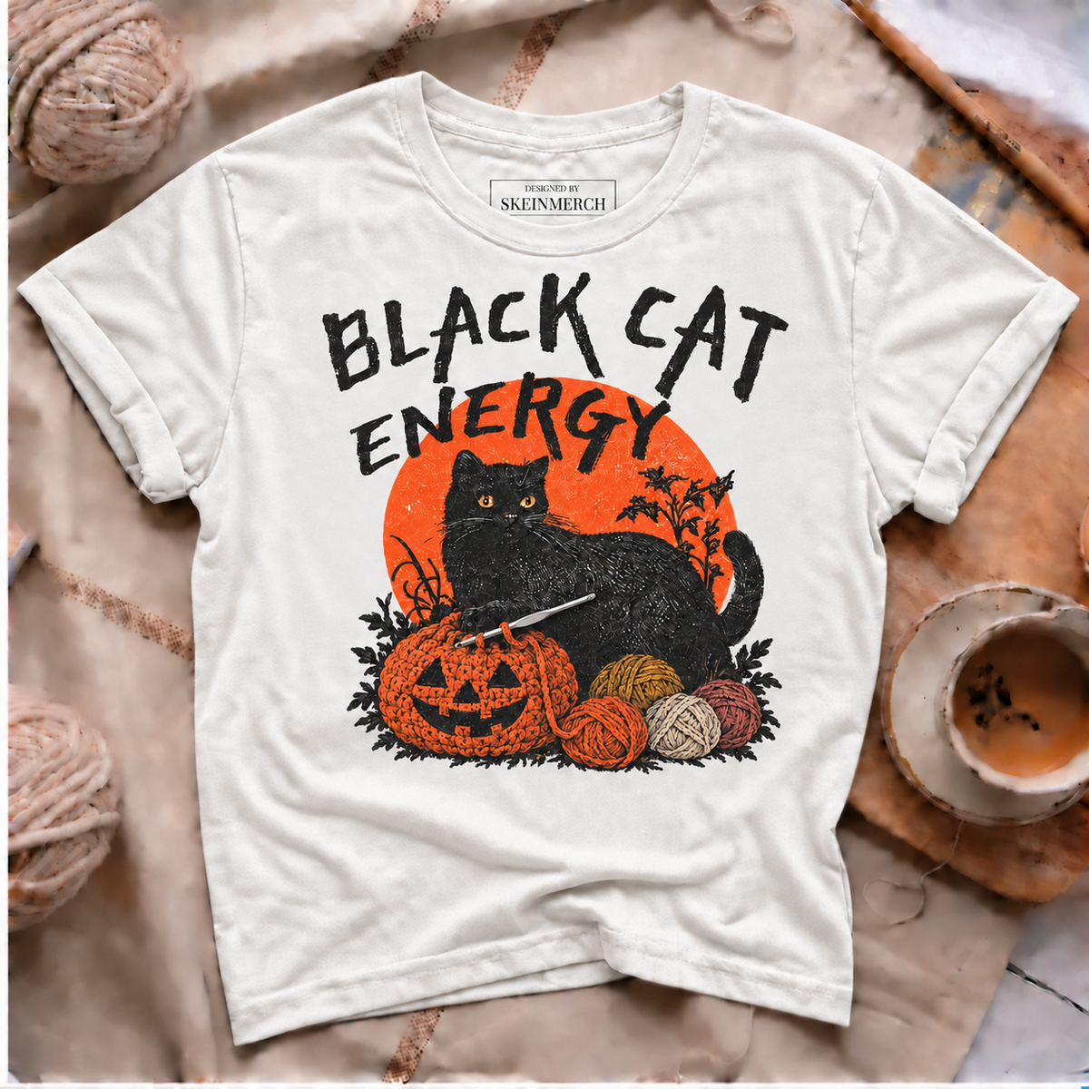Black Cat Energy Halloween crochet T-shirt in White