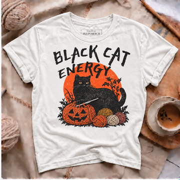 Black Cat Energy Halloween crochet T-shirt in White