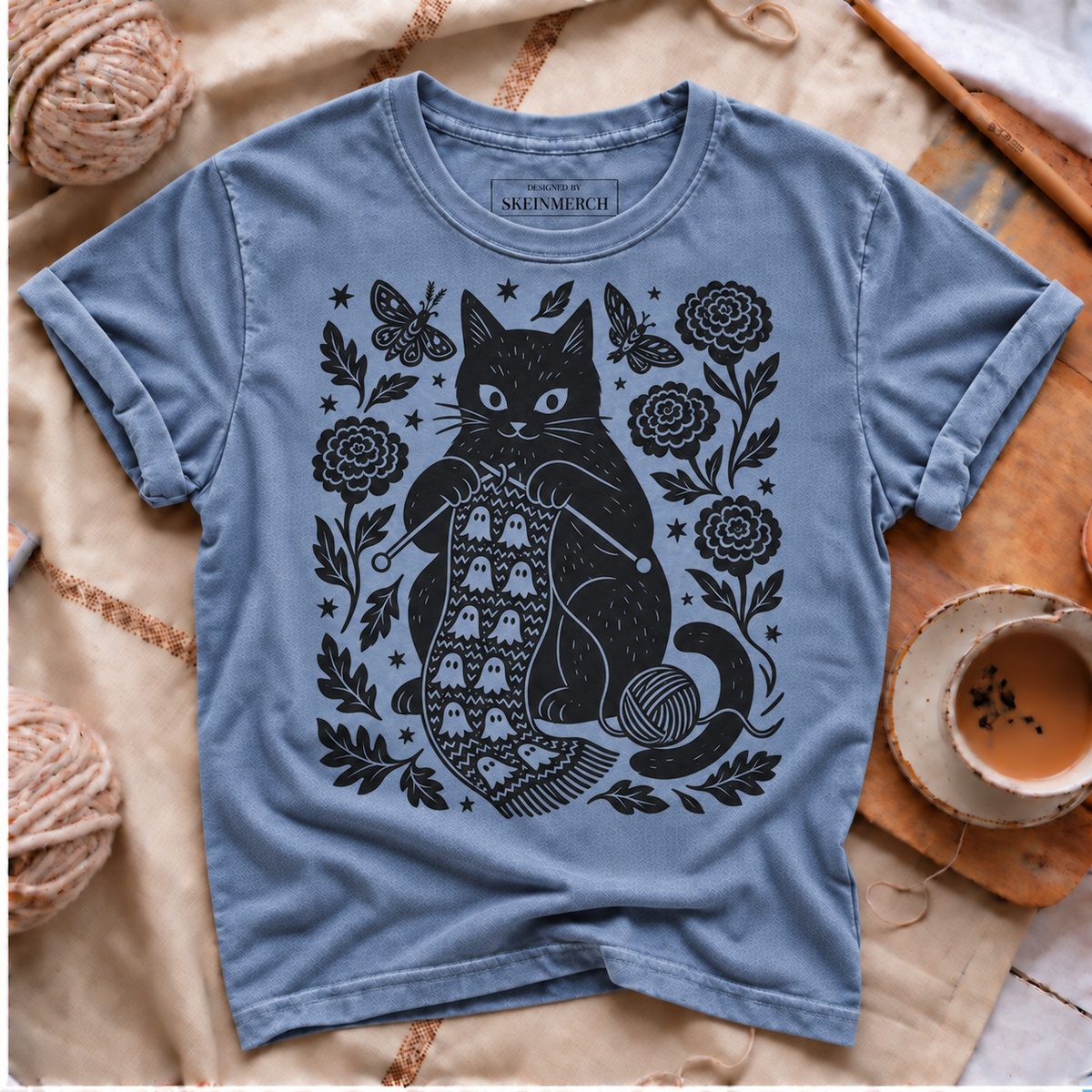Black cat knitting ghost scarf Comfort Colors T-shirt in Blue Jean