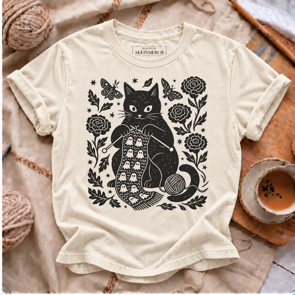 Black cat knitting ghost scarf Comfort Colors T-shirt in Ivory