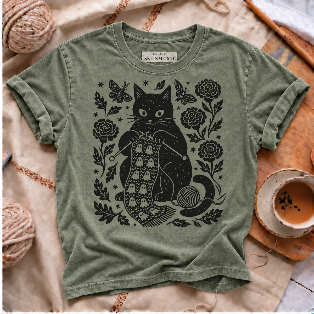 Black cat knitting ghost scarf Comfort Colors T-shirt in Moss