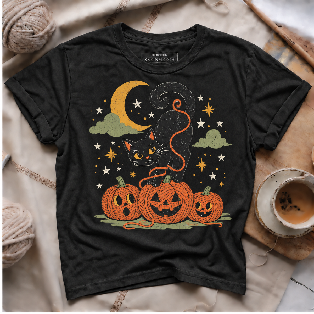 Black Cat Yarn Pumpkins Halloween T-Shirt - Black