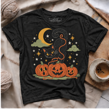 Black Cat Yarn Pumpkins Halloween T-Shirt - Black