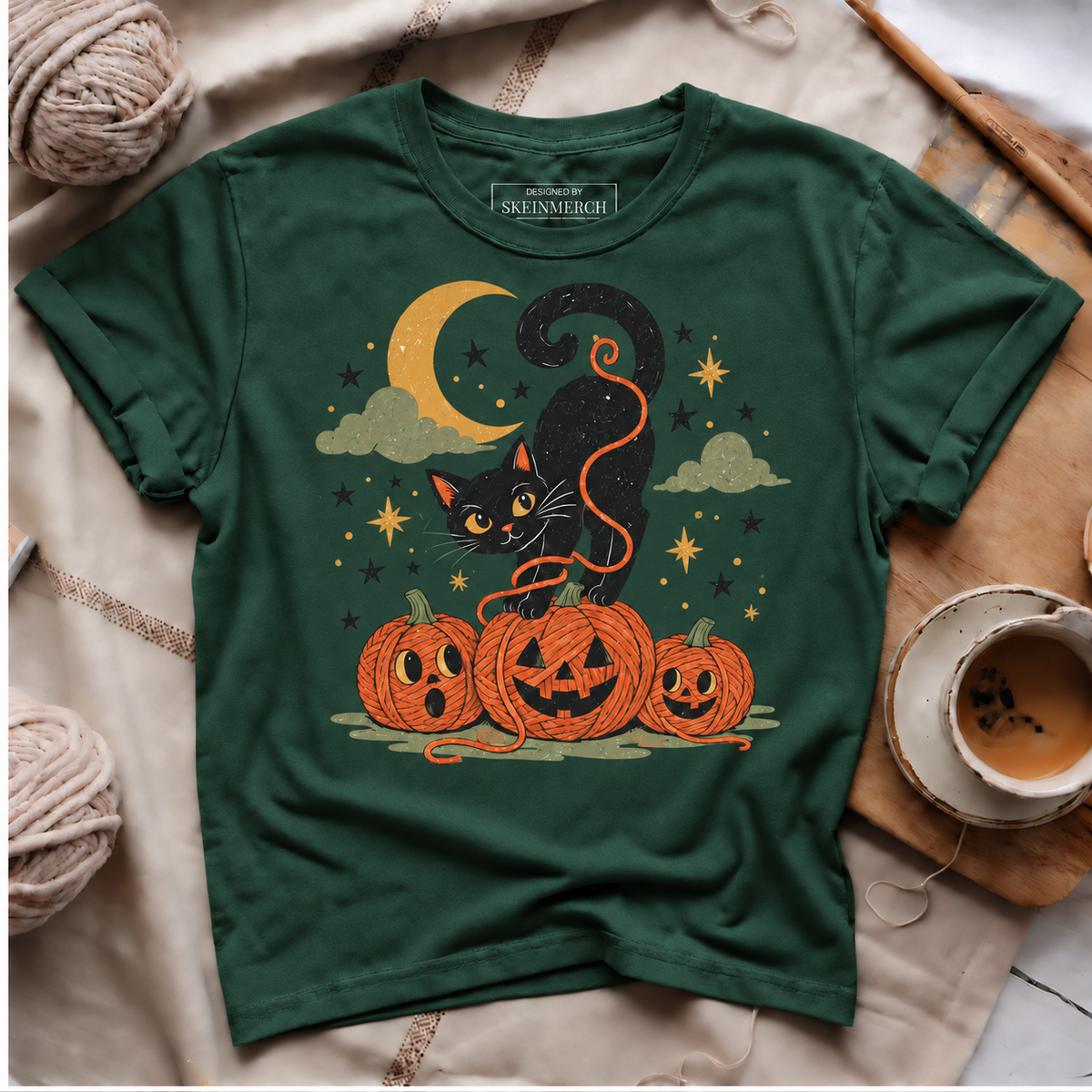 Black Cat Yarn Pumpkins Halloween T-Shirt - Forest Green
