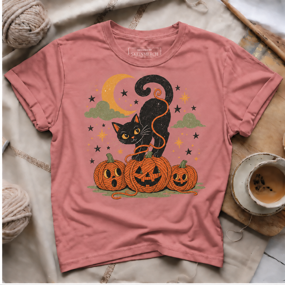 Black Cat Yarn Pumpkins Halloween T-Shirt - Rose gold