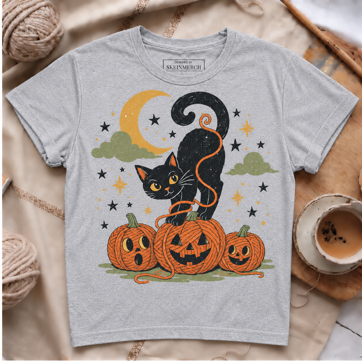 Black Cat Yarn Pumpkins Halloween T-Shirt - Silver smooth flat fabric