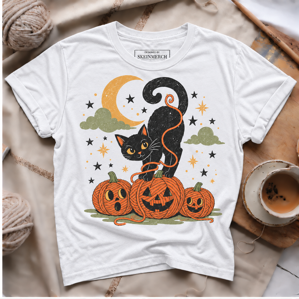 Black Cat Yarn Pumpkins Halloween T-Shirt - White