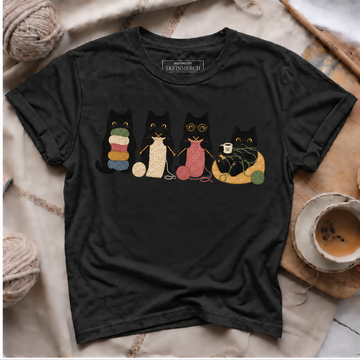 Cute Black Cats Knitting and Crocheting T-Shirt - Black