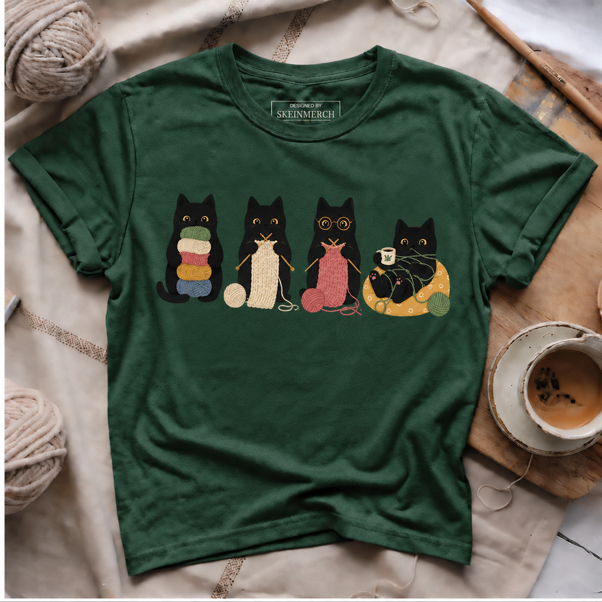 Cute Black Cats Knitting and Crocheting T-Shirt - Forest Green