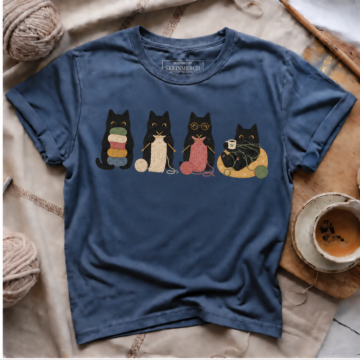 Cute Black Cats Knitting and Crocheting T-Shirt - Navy