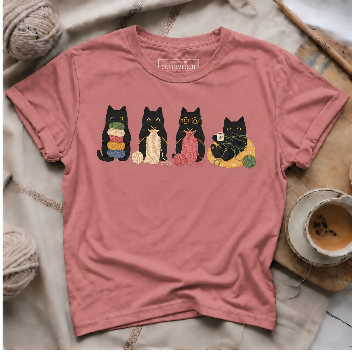 Cute Black Cats Knitting and Crocheting T-Shirt - Rose gold