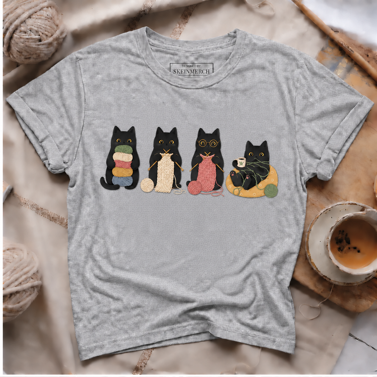 Cute Black Cats Knitting and Crocheting T-Shirt - Silver
