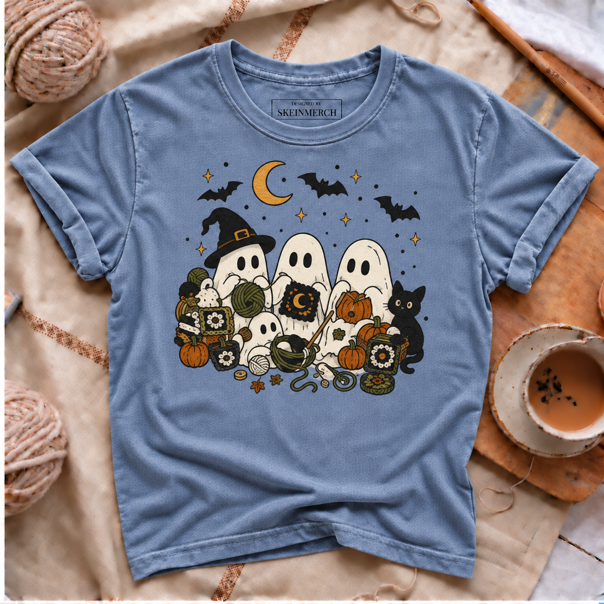 Cute crochet ghosts and black cat Halloween Comfort Colors T-shirt in Blue Jean