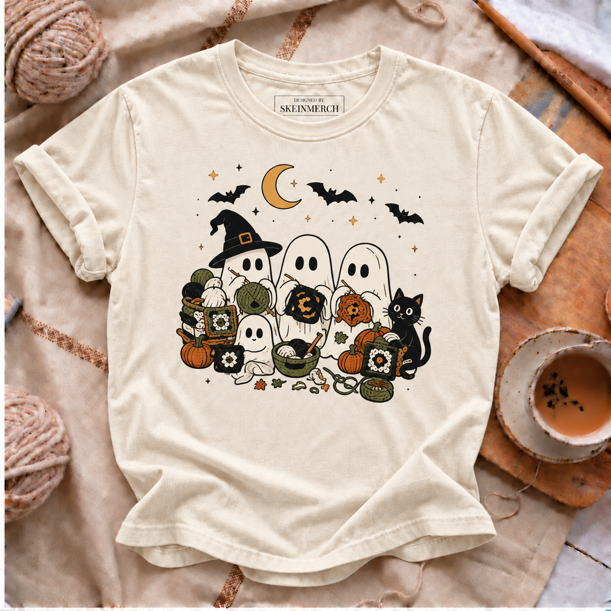 Cute crochet ghosts and black cat Halloween Comfort Colors T-shirt in Ivory