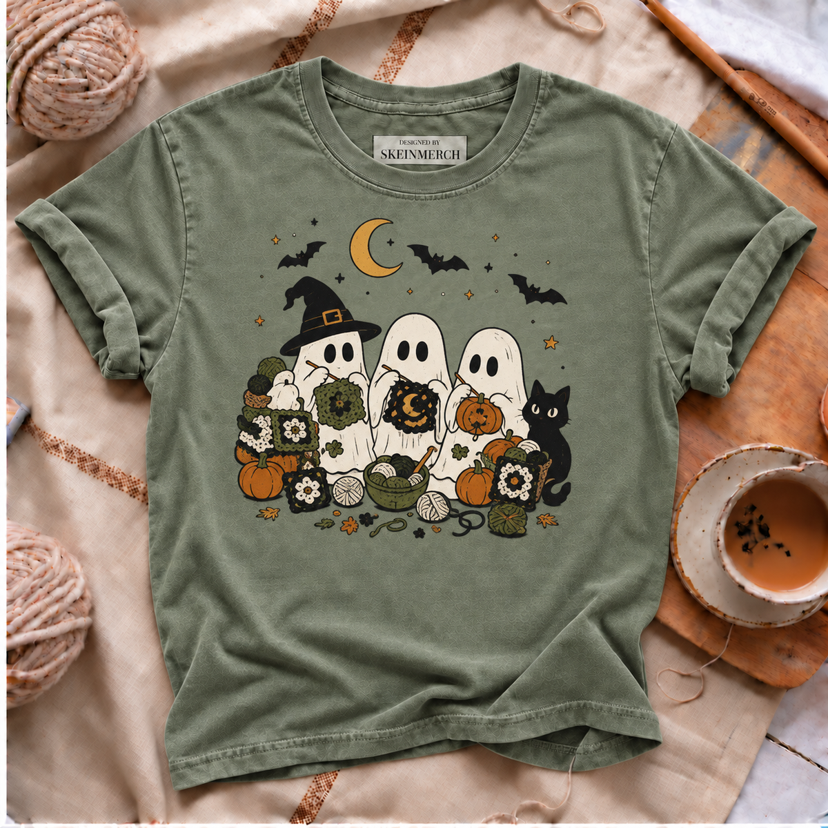 Cute crochet ghosts and black cat Halloween Comfort Colors T-shirt in Moss