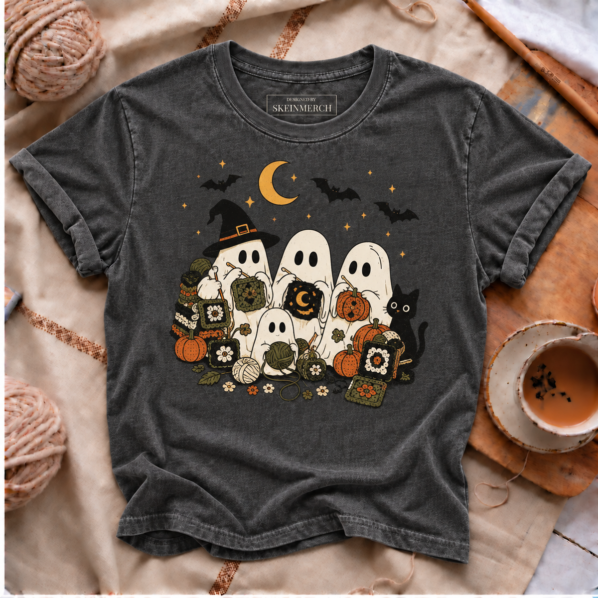 Cute crochet ghosts and black cat Halloween Comfort Colors T-shirt in Pepper