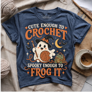 Cute Enough To Crochet Spooky Enough To Frog It Navy flat lay T-Shirt mockup