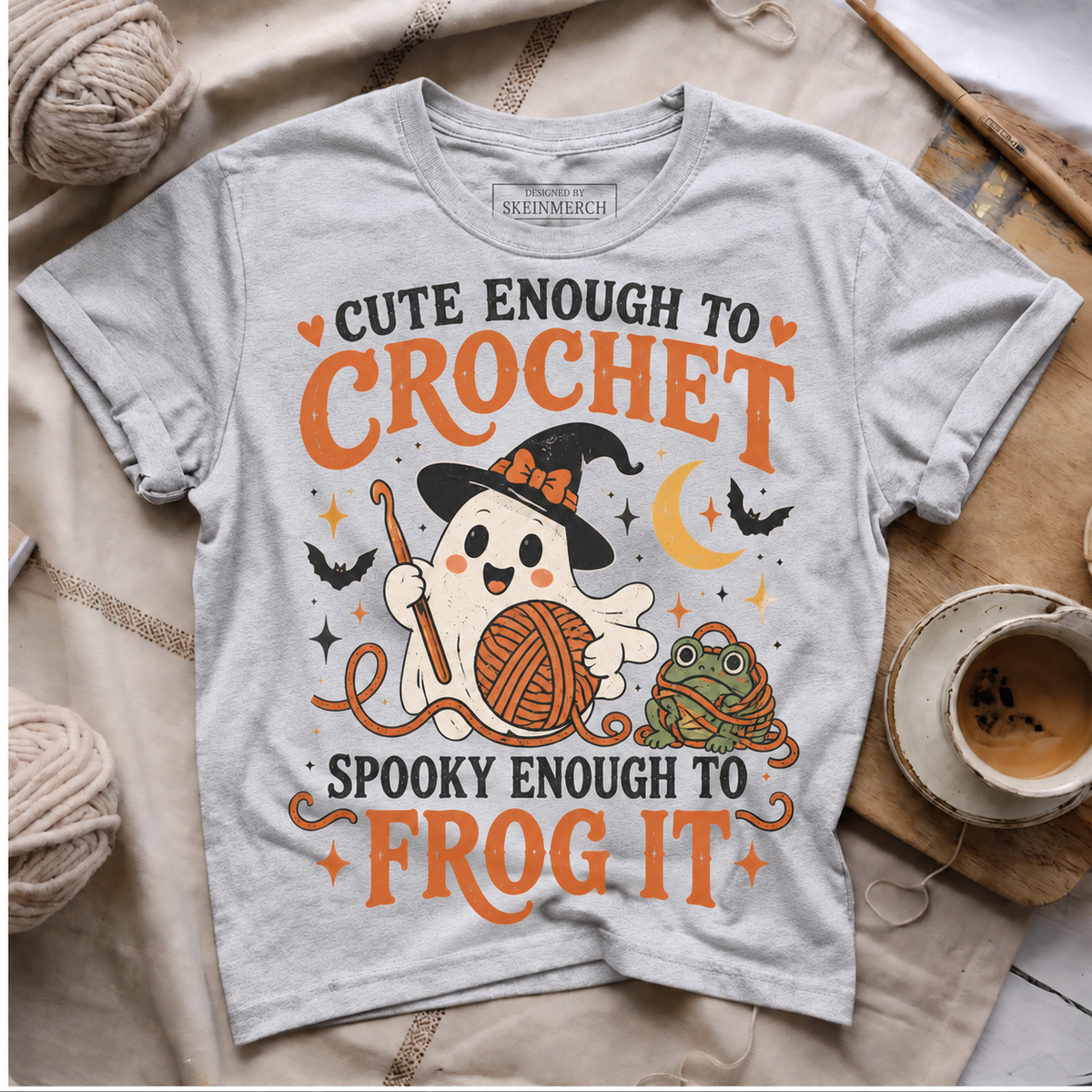 Cute Enough To Crochet Spooky Enough To Frog It Silver flat lay T-Shirt mockup