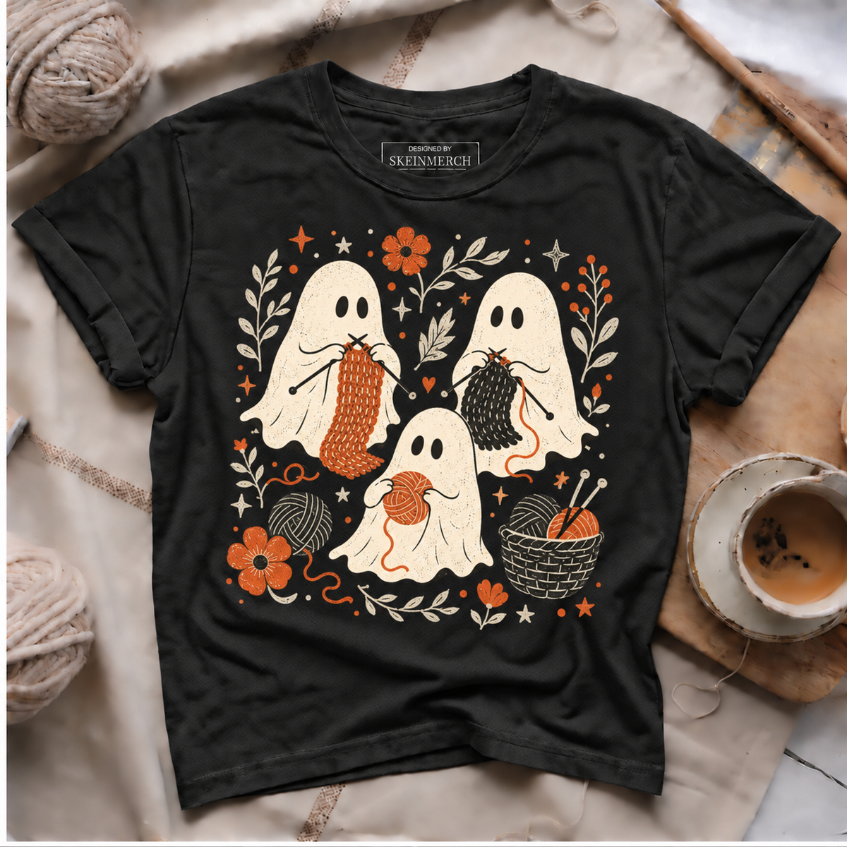 Cute Knitting Ghosts Vintage Yarn Lover T-Shirt - Black