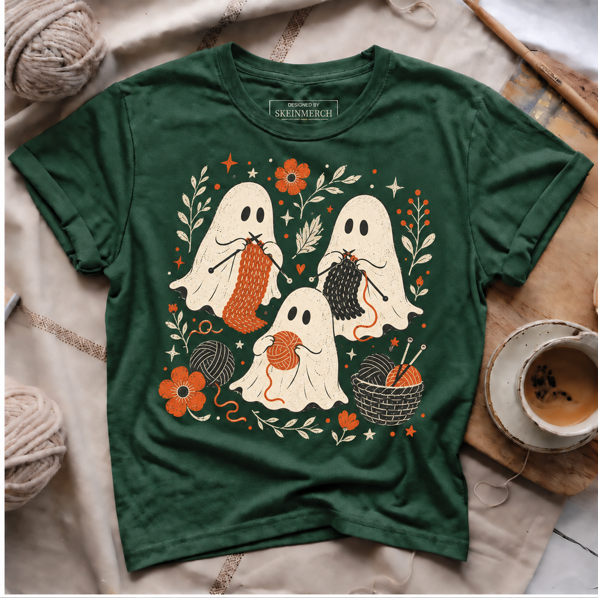 Cute Knitting Ghosts Vintage Yarn Lover T-Shirt - Forest Green