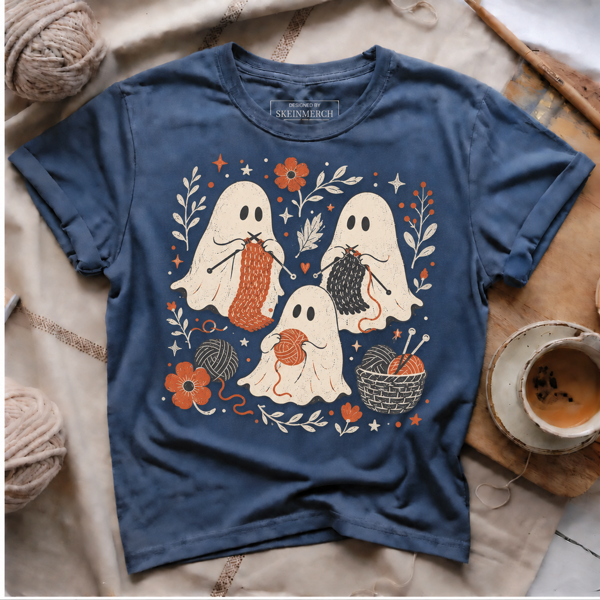 Cute Knitting Ghosts Vintage Yarn Lover T-Shirt - Navy