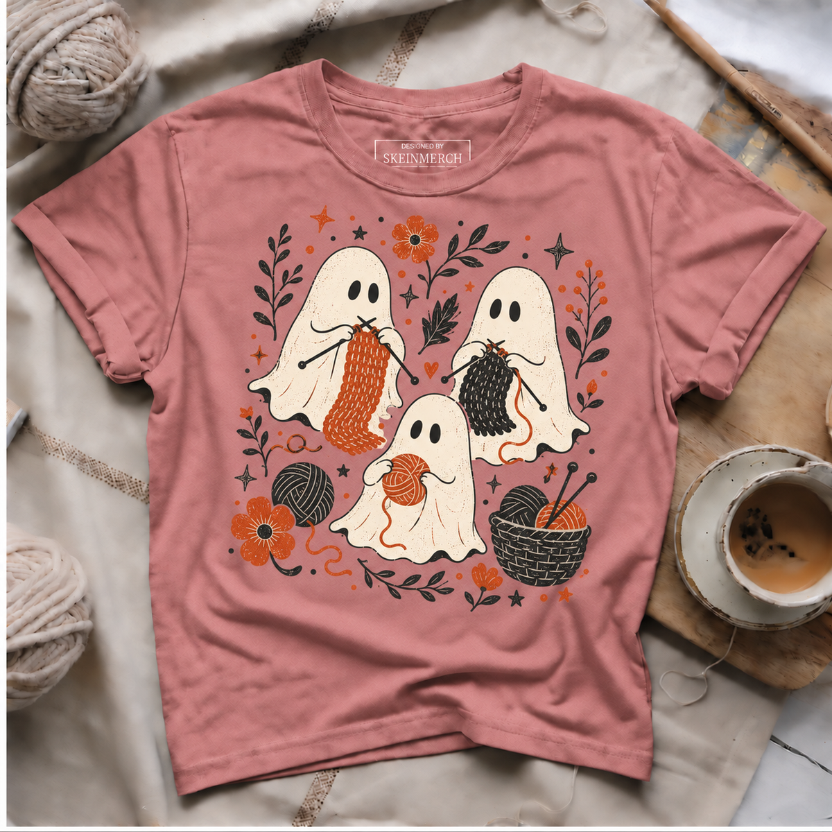 Cute Knitting Ghosts Vintage Yarn Lover T-Shirt - Rose gold