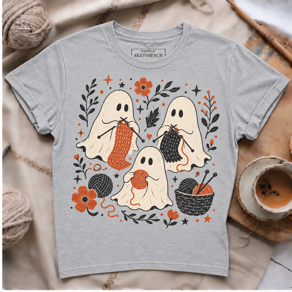 Cute Knitting Ghosts Vintage Yarn Lover T-Shirt - Silver