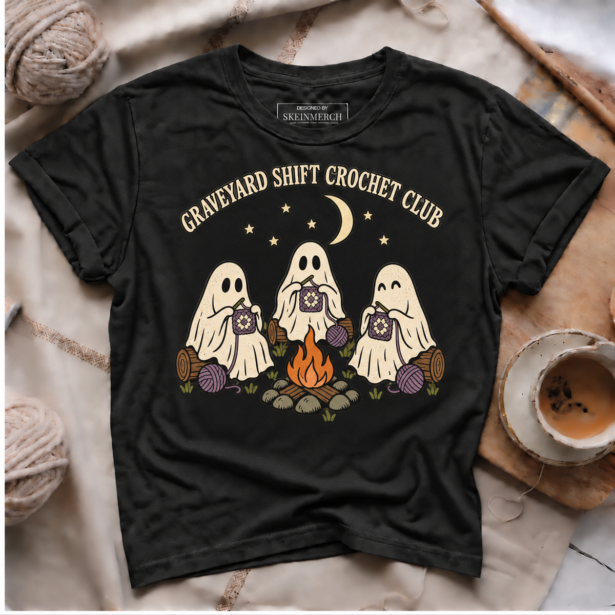 graveyard shift crochet club black T-shirt mockup