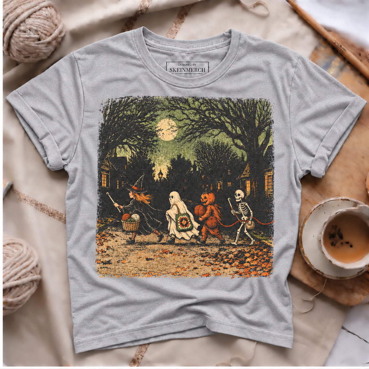 Halloween Crochet Parade T-Shirt - Silver with natural folds