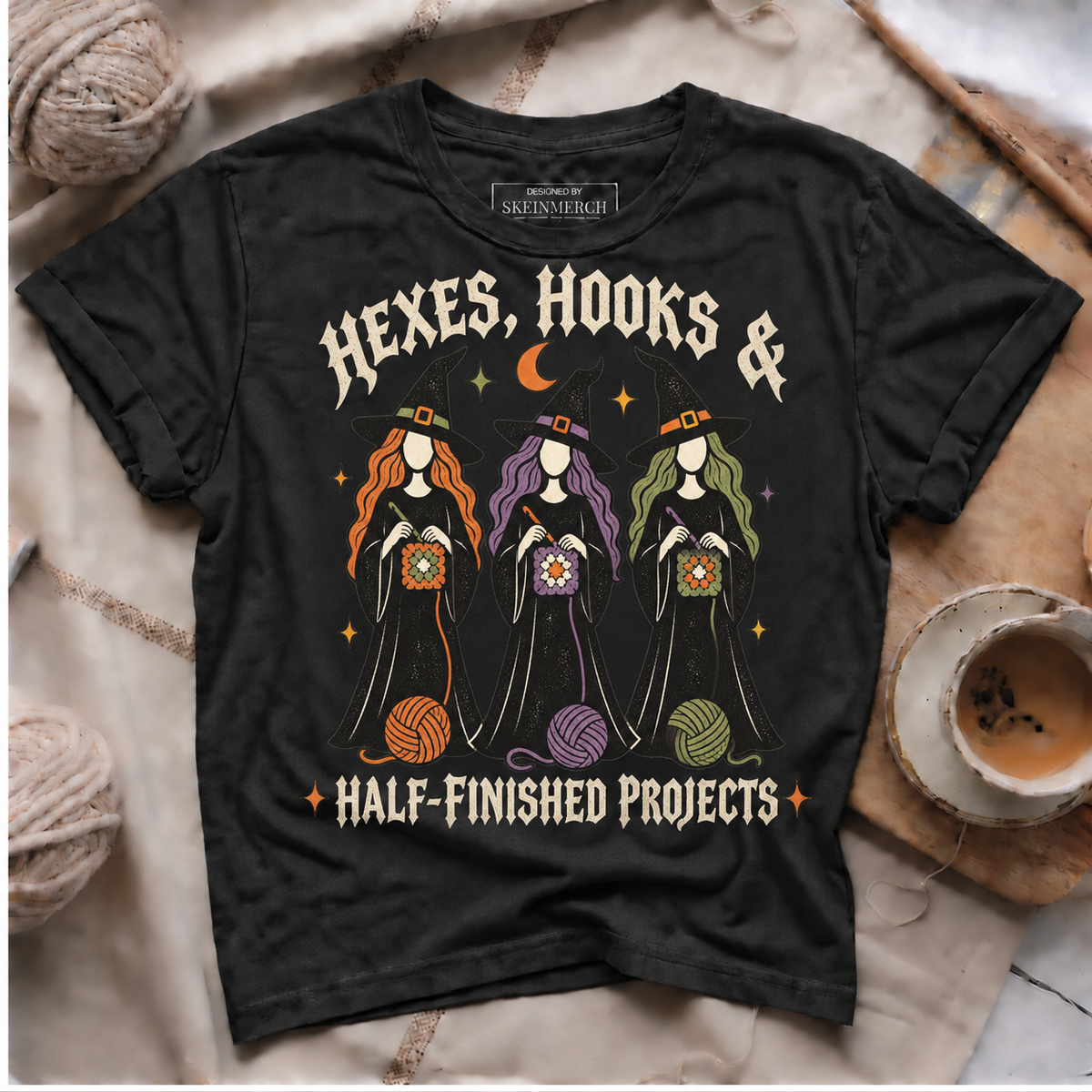 hexes hooks half finished projects black T-shirt mockup