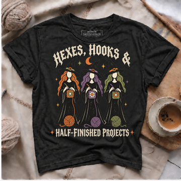 hexes hooks half finished projects black T-shirt mockup