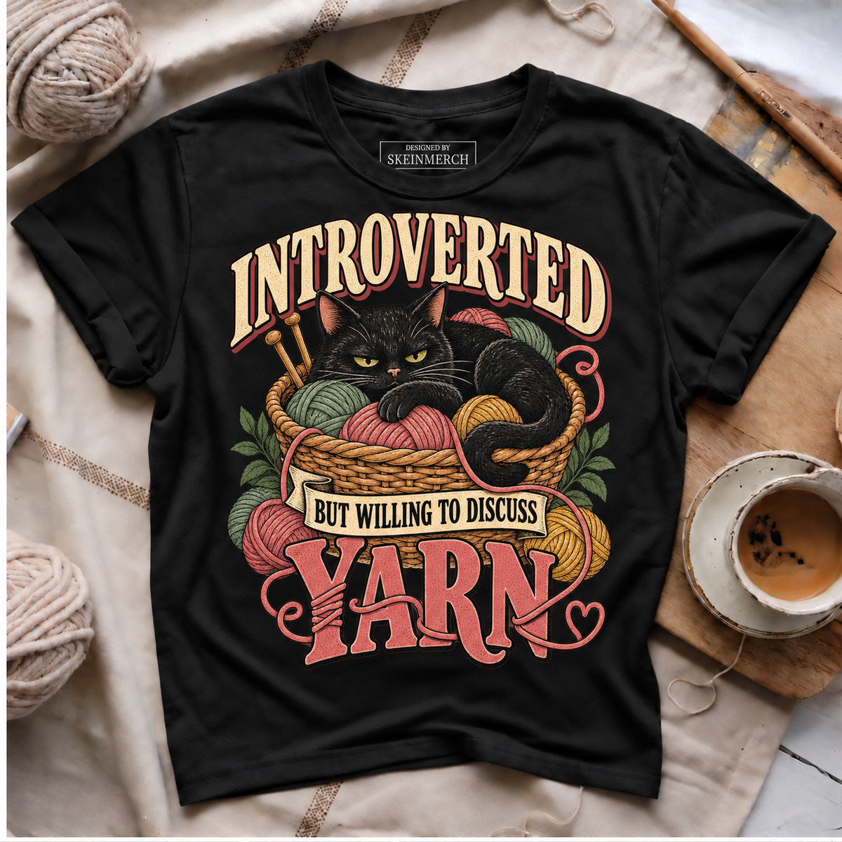Introverted But Willing To Discuss Yarn black cat T-shirt - Black