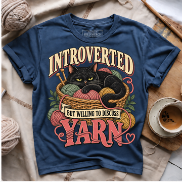 Introverted But Willing To Discuss Yarn black cat T-shirt - Navy