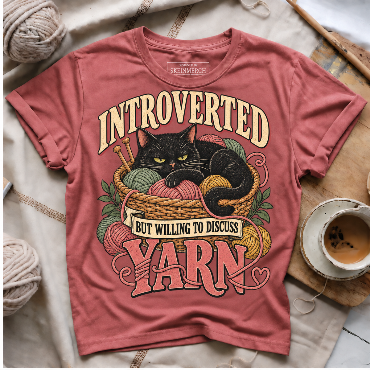 Introverted But Willing To Discuss Yarn black cat T-shirt - Rose gold