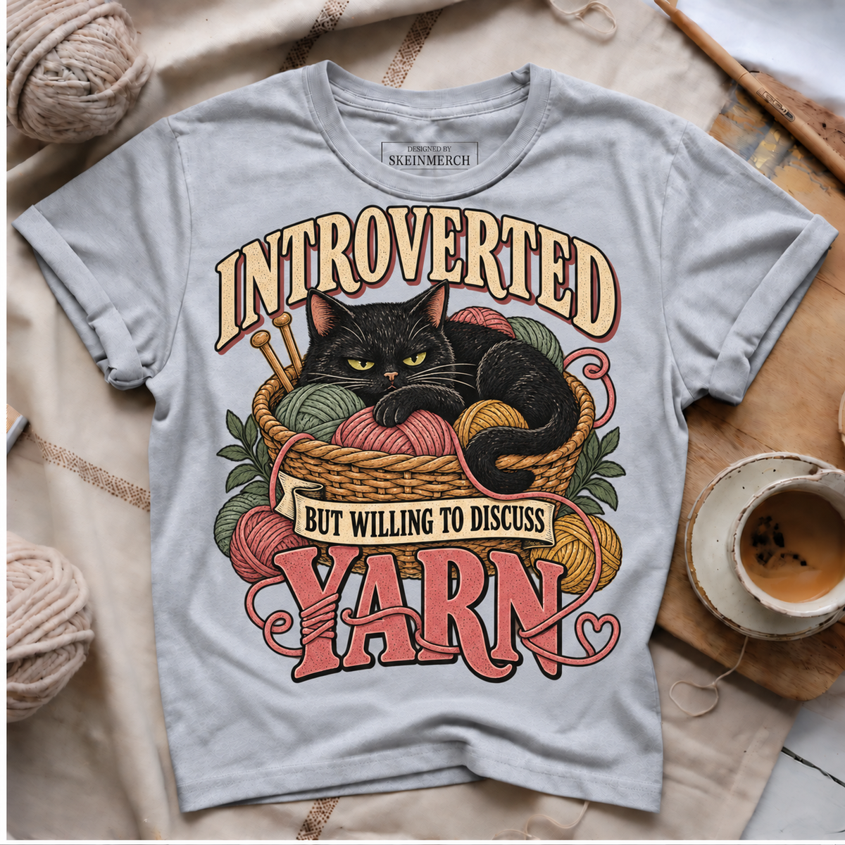 Introverted But Willing To Discuss Yarn black cat T-shirt - Silver