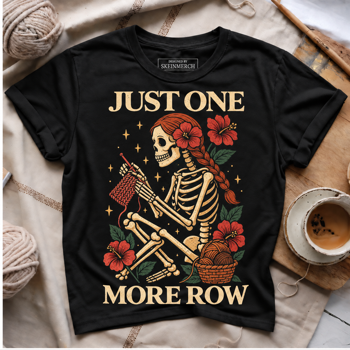 Just One More Row skeleton knitting T-shirt - Black