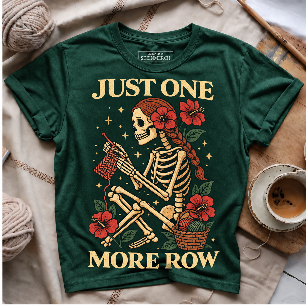 Just One More Row skeleton knitting T-shirt - Forest Green
