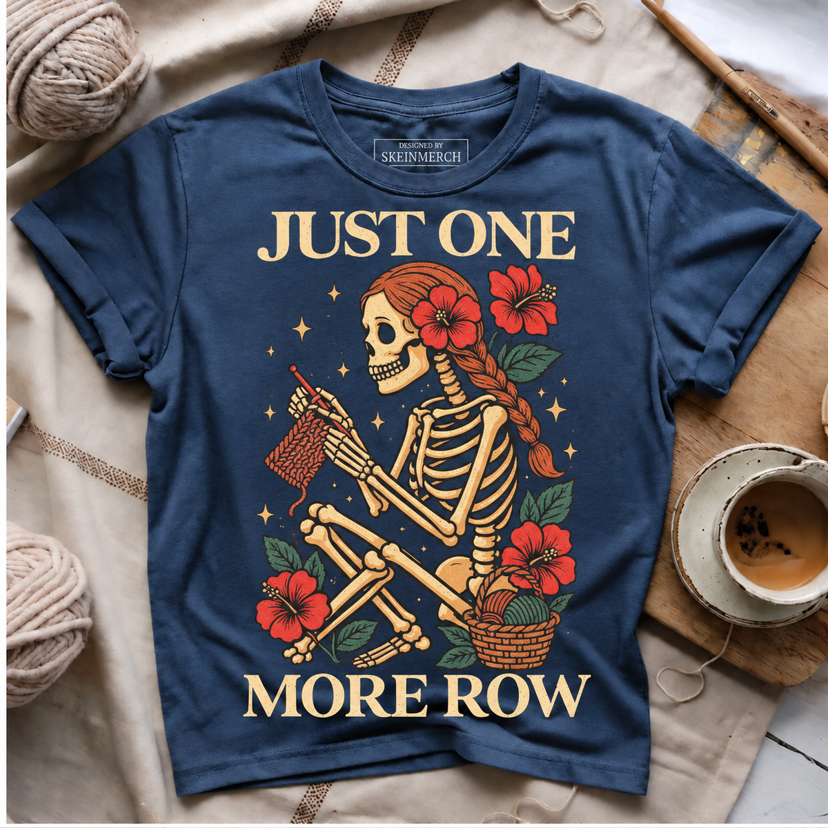 Just One More Row skeleton knitting T-shirt - Navy